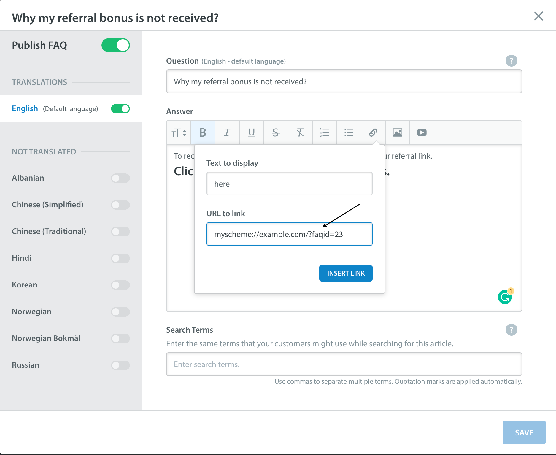 Deep Linking in FAQs Helpshift Developer Guide