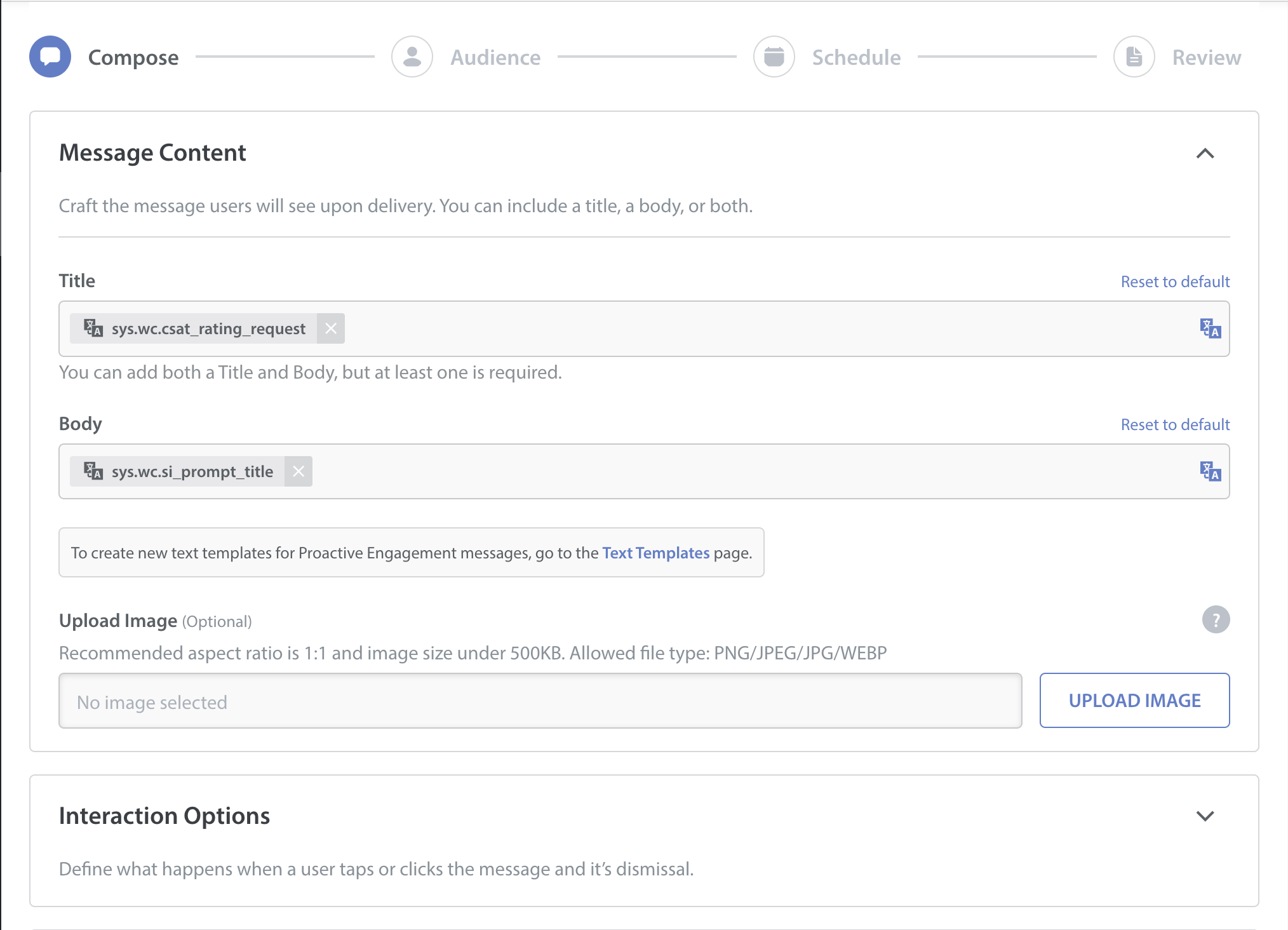 Proactive Engagement notification compose settings on Helpshift admin dashboard